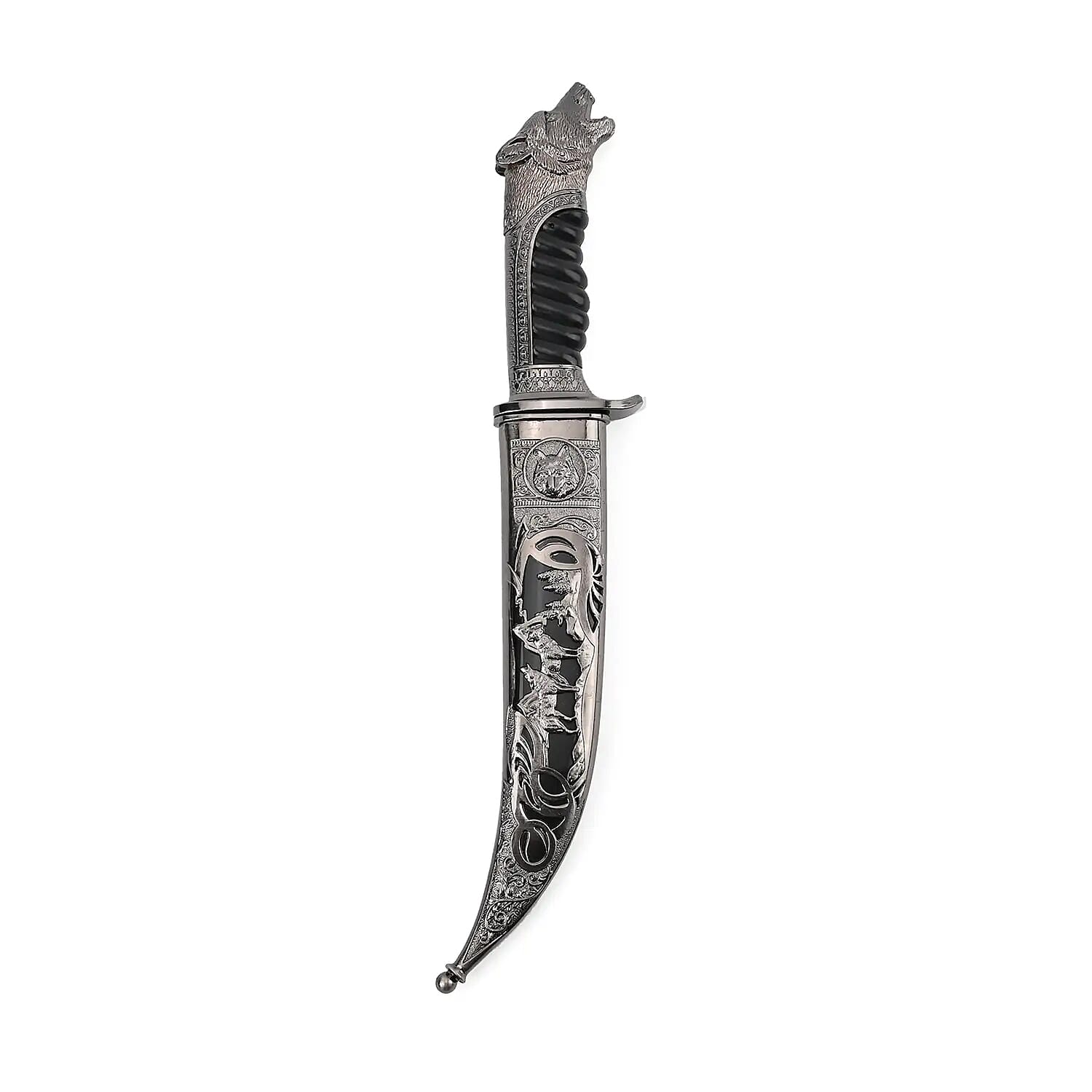 Dark Silver Outdoor Knife with Stainless Steel Blade, Scabbard Handle, Cayote Head Pommel, Survival Steel Blade Knife, Camping Knives for Men women