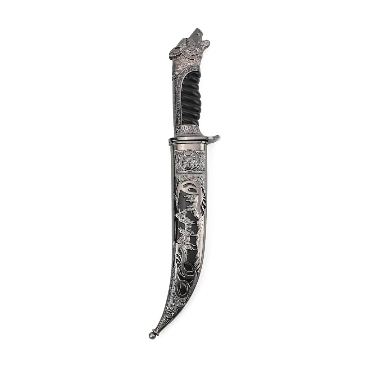 Dark Silver Outdoor Hunting Knife Stainless Steel Blade 6.6" and Scabbard Handle with Cayote Head Pommel image number 6