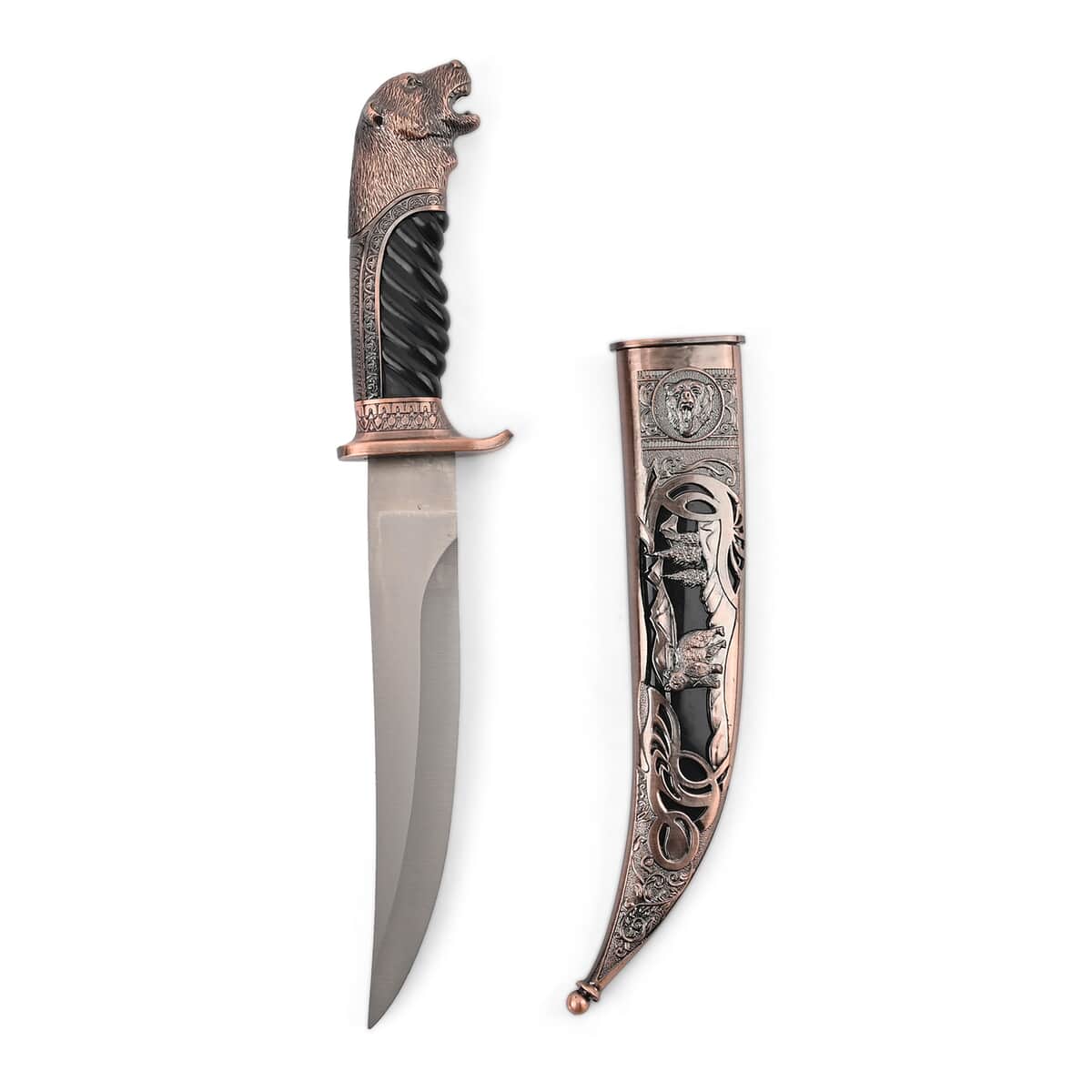 Copper Outdoor Knife Stainless Steel Blade,Scabbard Handle, Bear Head Pommel, Survival Steel Blade Knife, Camping Knives for Men women image number 1