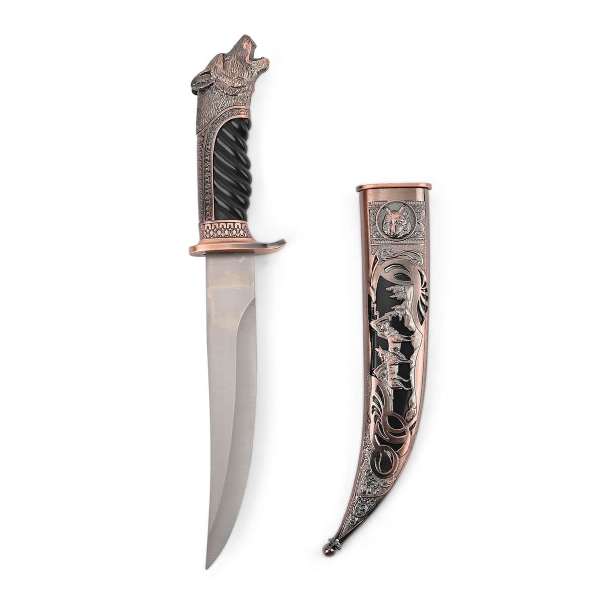 Copper Outdoor Knife with Stainless Steel Blade, Scabbard Handle, Cayote Head Pommel, Survival Steel Blade Knife, Camping Knives for Men women image number 1