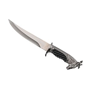 Dark Silver Color Outdoor Hunting Knife Stainless Steel Blade 7.35 and Scabbard Handle with Deer Head Pommel