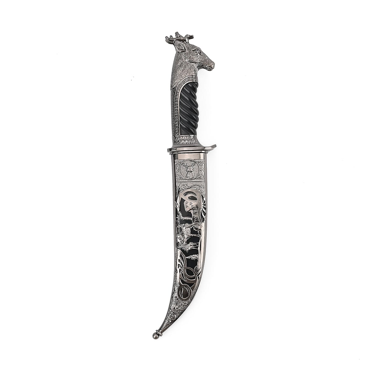 Dark Silver Color Outdoor Hunting Knife Stainless Steel Blade 7.35 and Scabbard Handle with Deer Head Pommel image number 2