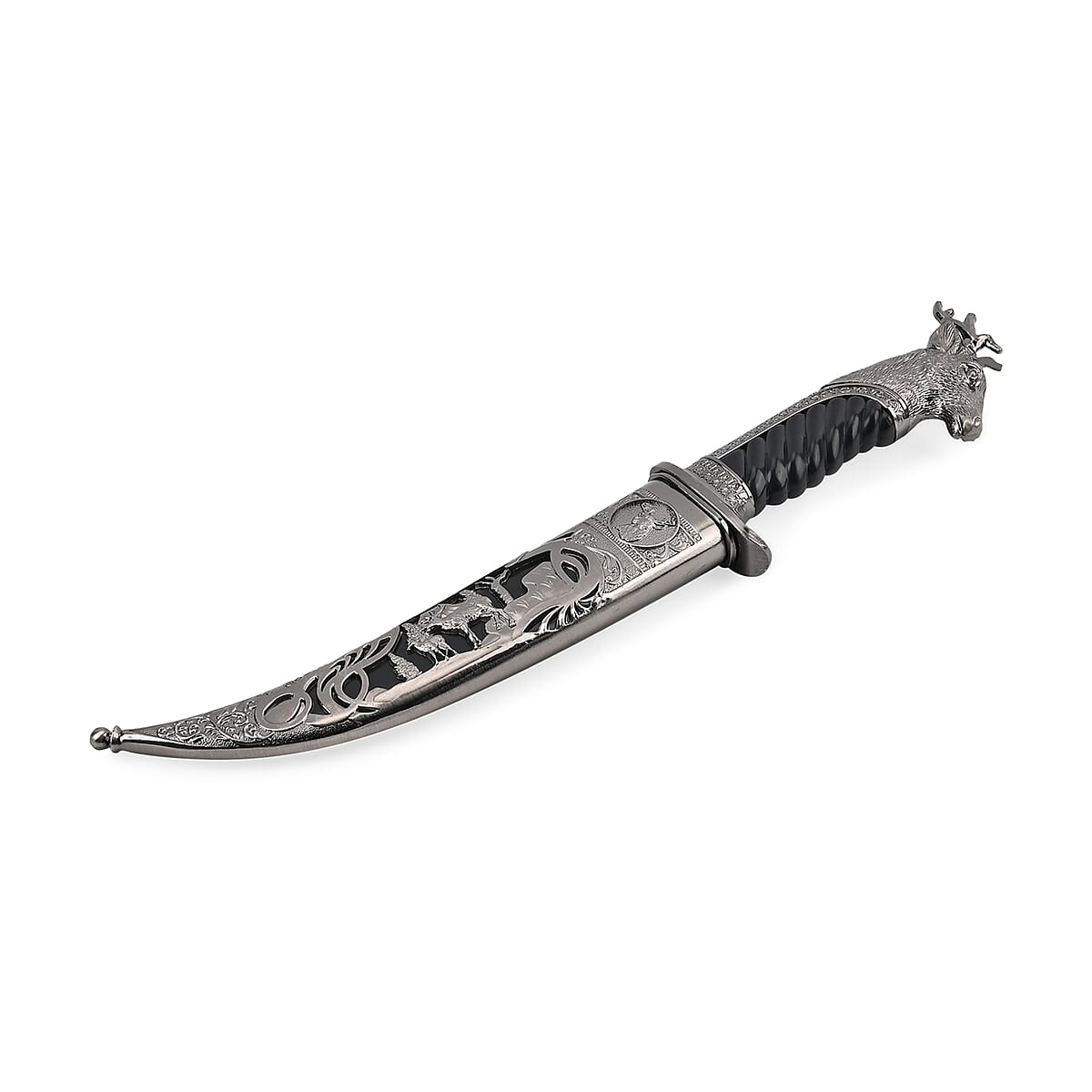 Dark Silver Color Outdoor Hunting Knife Stainless Steel Blade 7.35 and Scabbard Handle with Deer Head Pommel image number 3