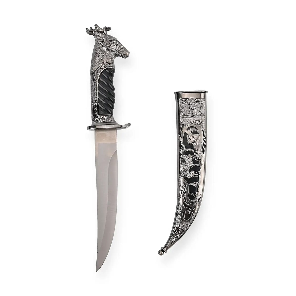 Dark Silver Color Outdoor Hunting Knife Stainless Steel Blade 7.35 and Scabbard Handle with Deer Head Pommel image number 5