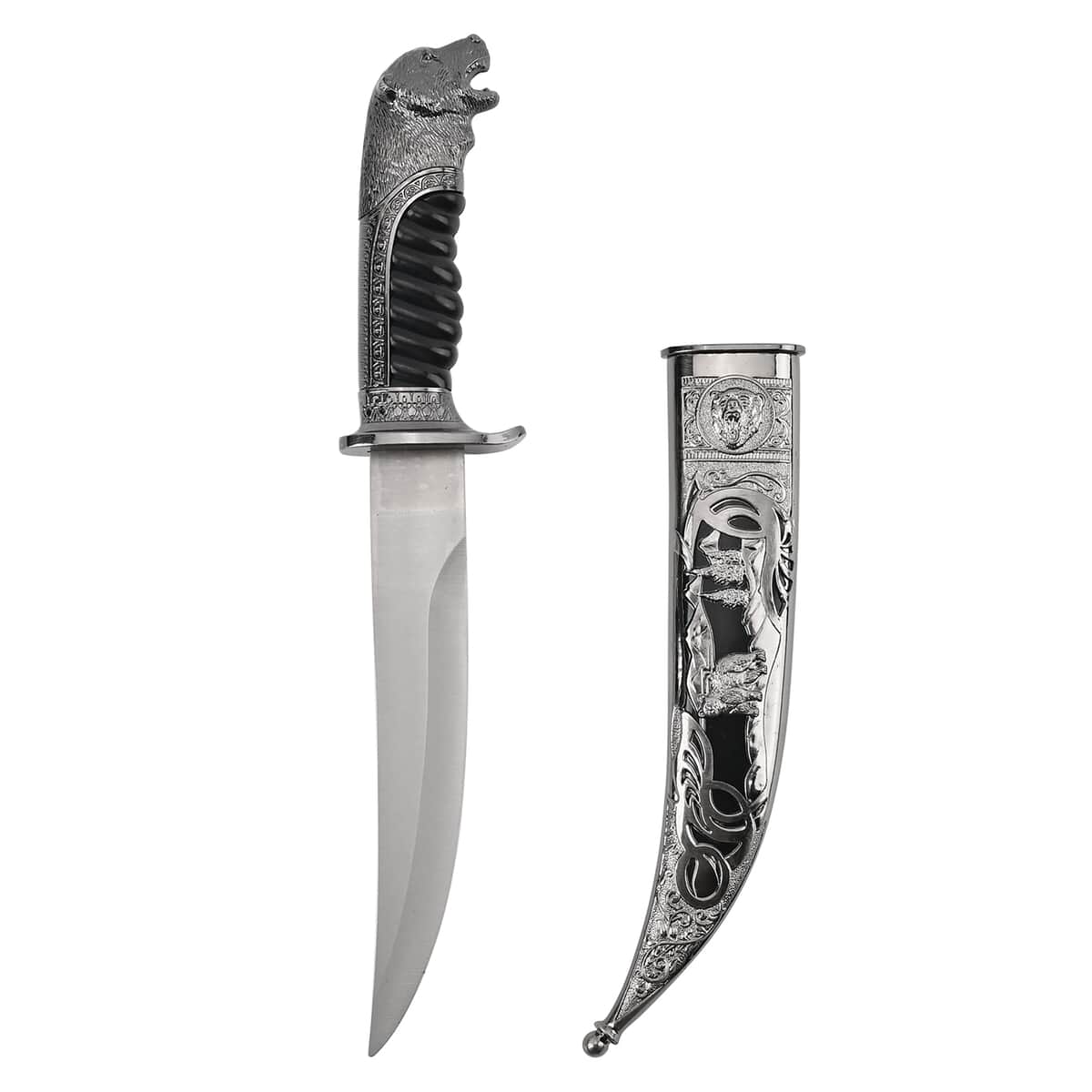 Dark Silver Color Outdoor Hunting Knife Stainless Steel Blade 7.35 and Scabbard Handle with Bear Head Pommel image number 1