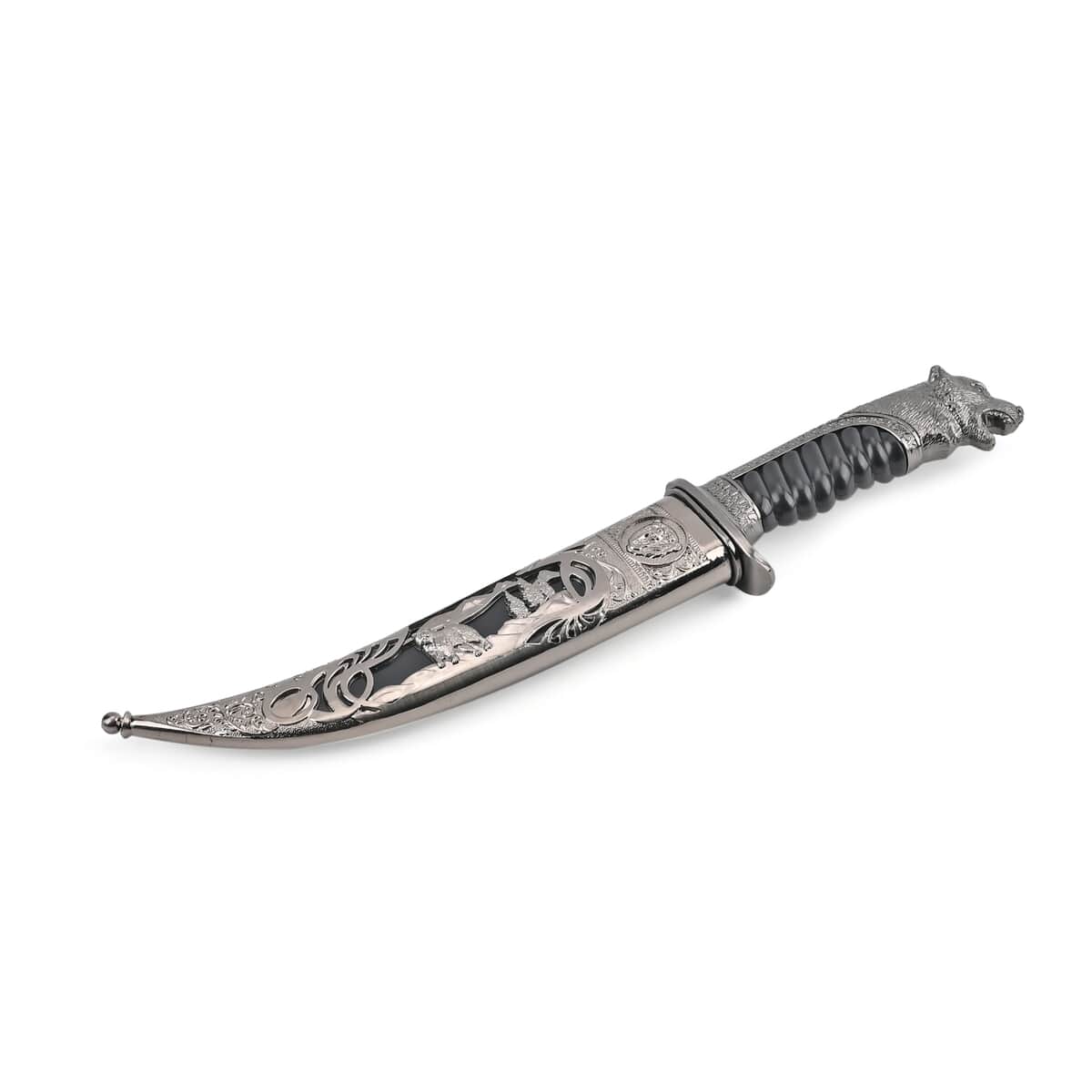 Dark Silver Color Outdoor Hunting Knife Stainless Steel Blade 7.35 and Scabbard Handle with Bear Head Pommel image number 3