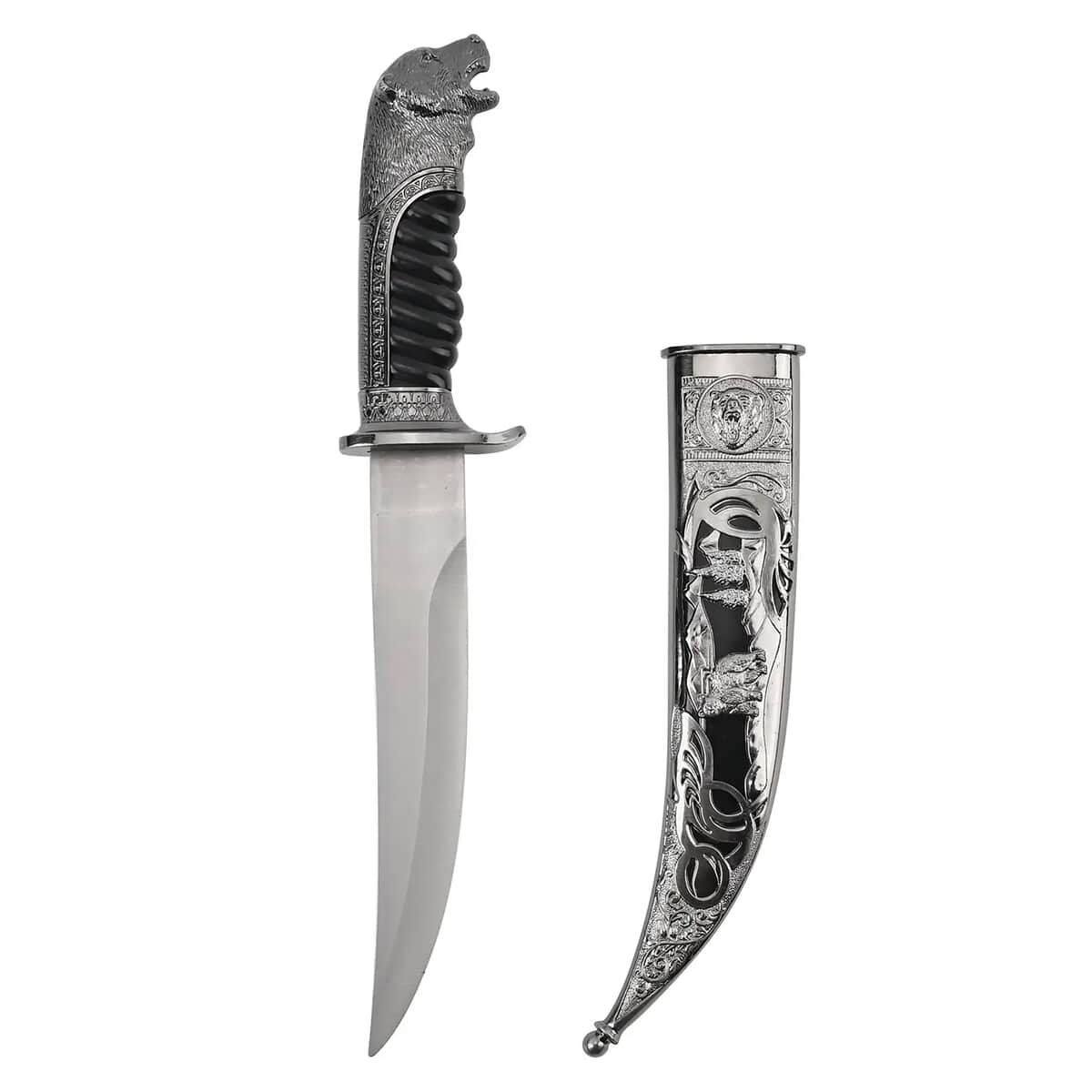 Dark Silver Color Outdoor Hunting Knife Stainless Steel Blade 7.35 and Scabbard Handle with Bear Head Pommel image number 5