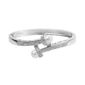 Simulated Pearl and Simulated Diamond Bypass Bangle Bracelet in Silvertone (7.0 In) 1.00 ctw