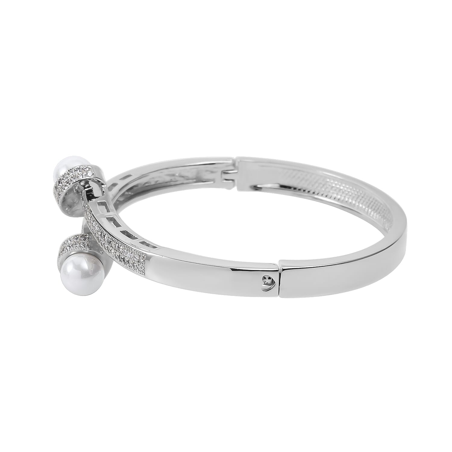 Simulated Pearl and Simulated Diamond Bypass Bangle Bracelet in Silvertone (7.0 In) 1.00 ctw