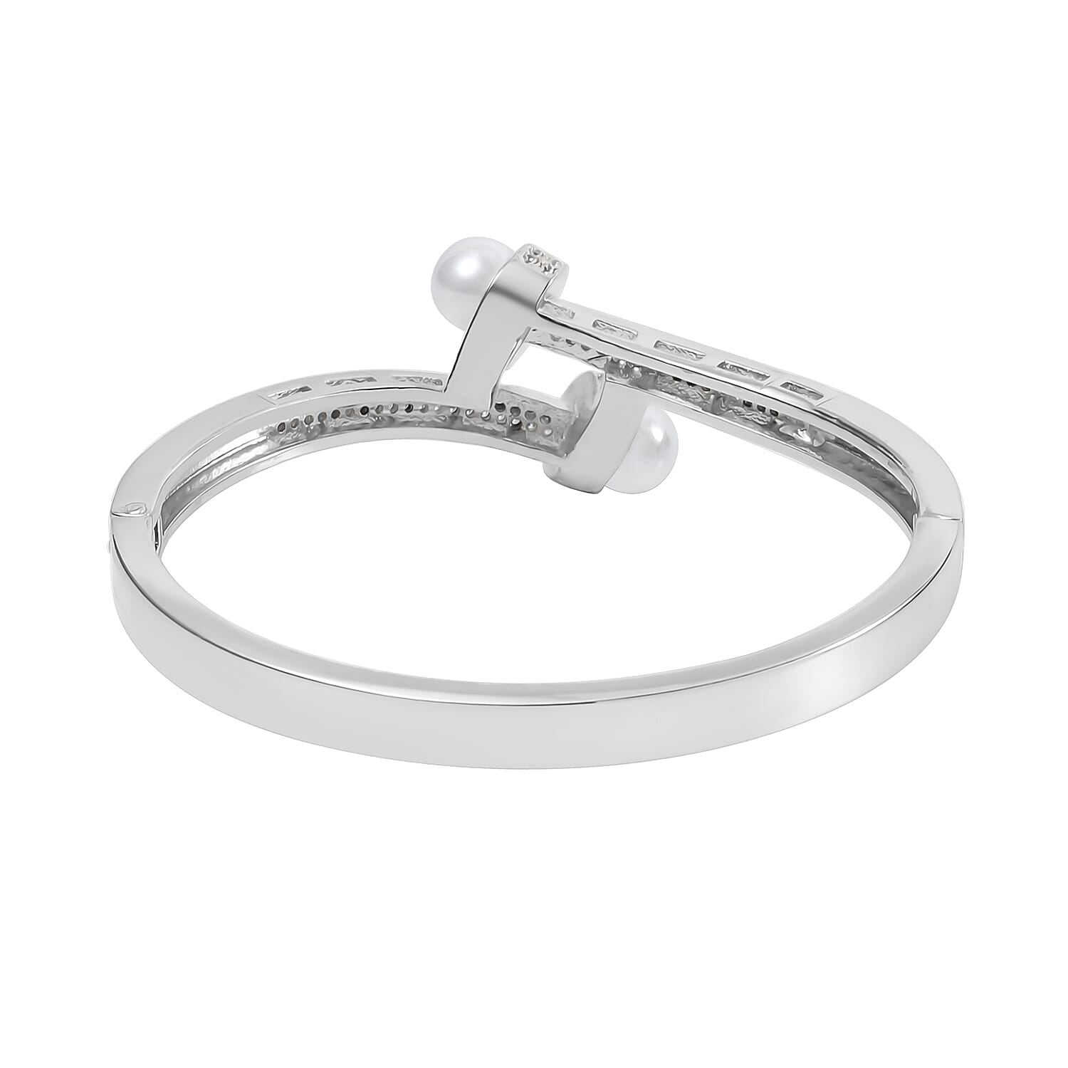 Simulated Pearl and Simulated Diamond Bypass Bangle Bracelet in Silvertone (7.0 In) 1.00 ctw