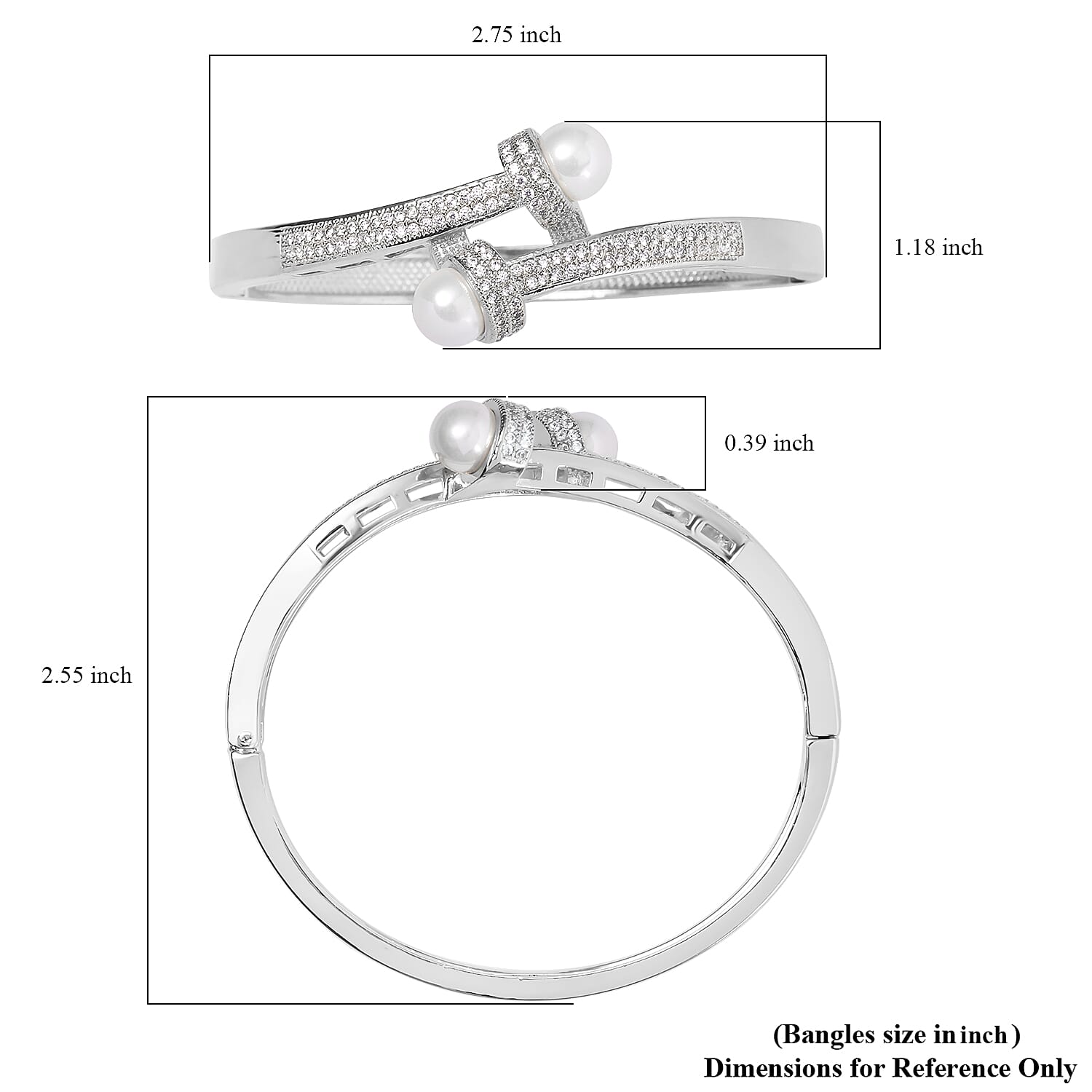 Simulated Pearl and Simulated Diamond Bypass Bangle Bracelet in Silvertone (7.0 In) 1.00 ctw