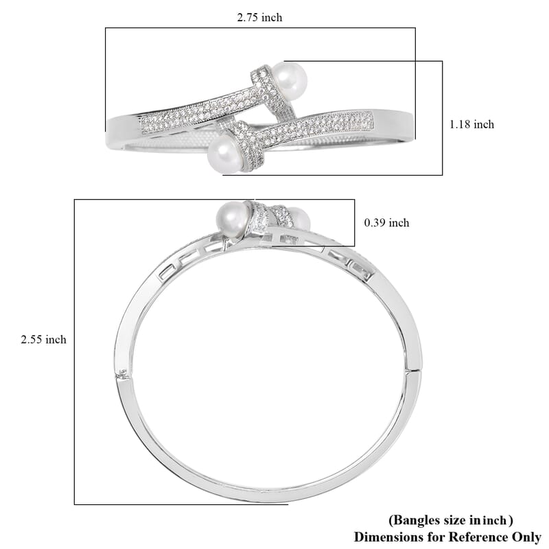 Simulated Pearl and Simulated Diamond Bypass Bangle Bracelet in Silvertone (7.0 In) 1.00 ctw