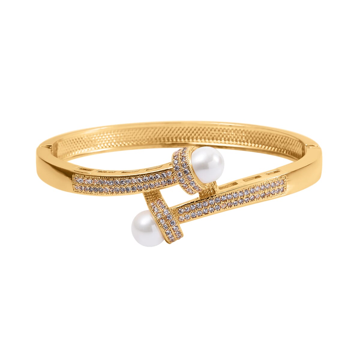 Simulated Pearl and Simulated Diamond Bypass Bangle Bracelet in Goldtone (7.0 In) 1.00 ctw image number 0