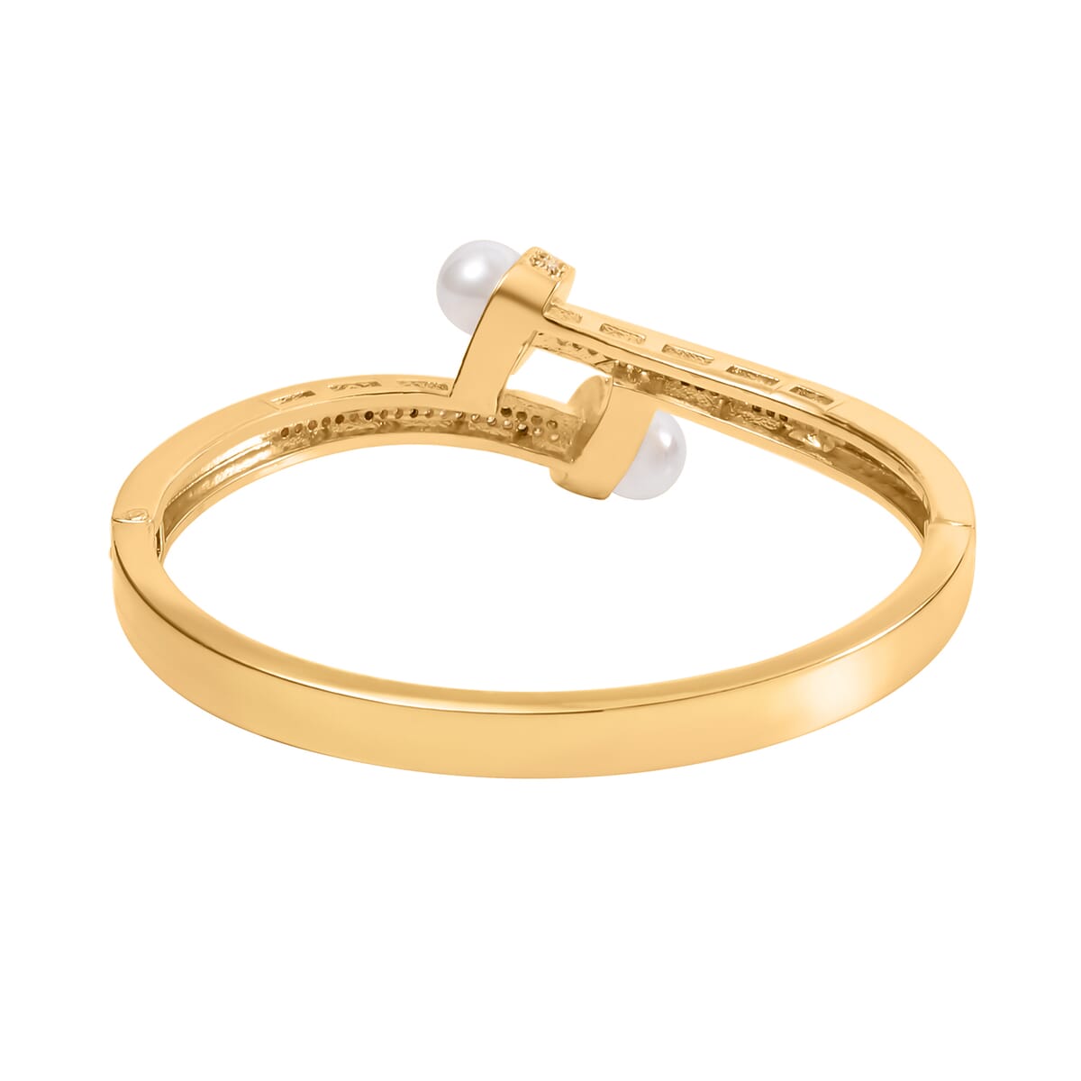 Simulated Pearl and Simulated Diamond Bypass Bangle Bracelet in Goldtone (7.0 In) 1.00 ctw image number 4