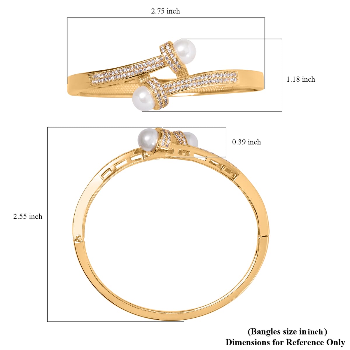 Simulated Pearl and Simulated Diamond Bypass Bangle Bracelet in Goldtone (7.0 In) 1.00 ctw image number 5