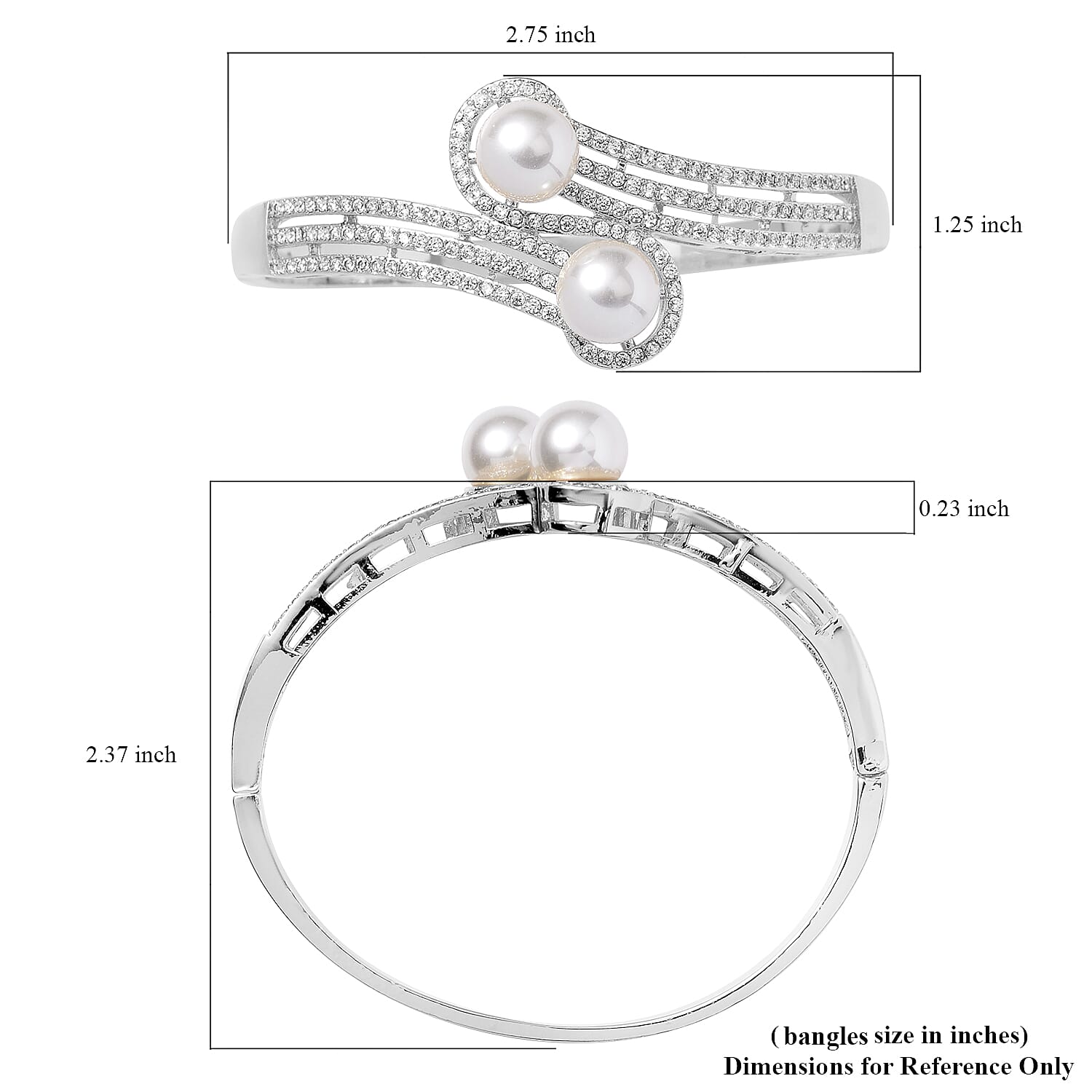 Simulated Pearl and Simulated Diamond Bypass Bangle Bracelet in Silvertone (7.0 In) 0.80 ctw