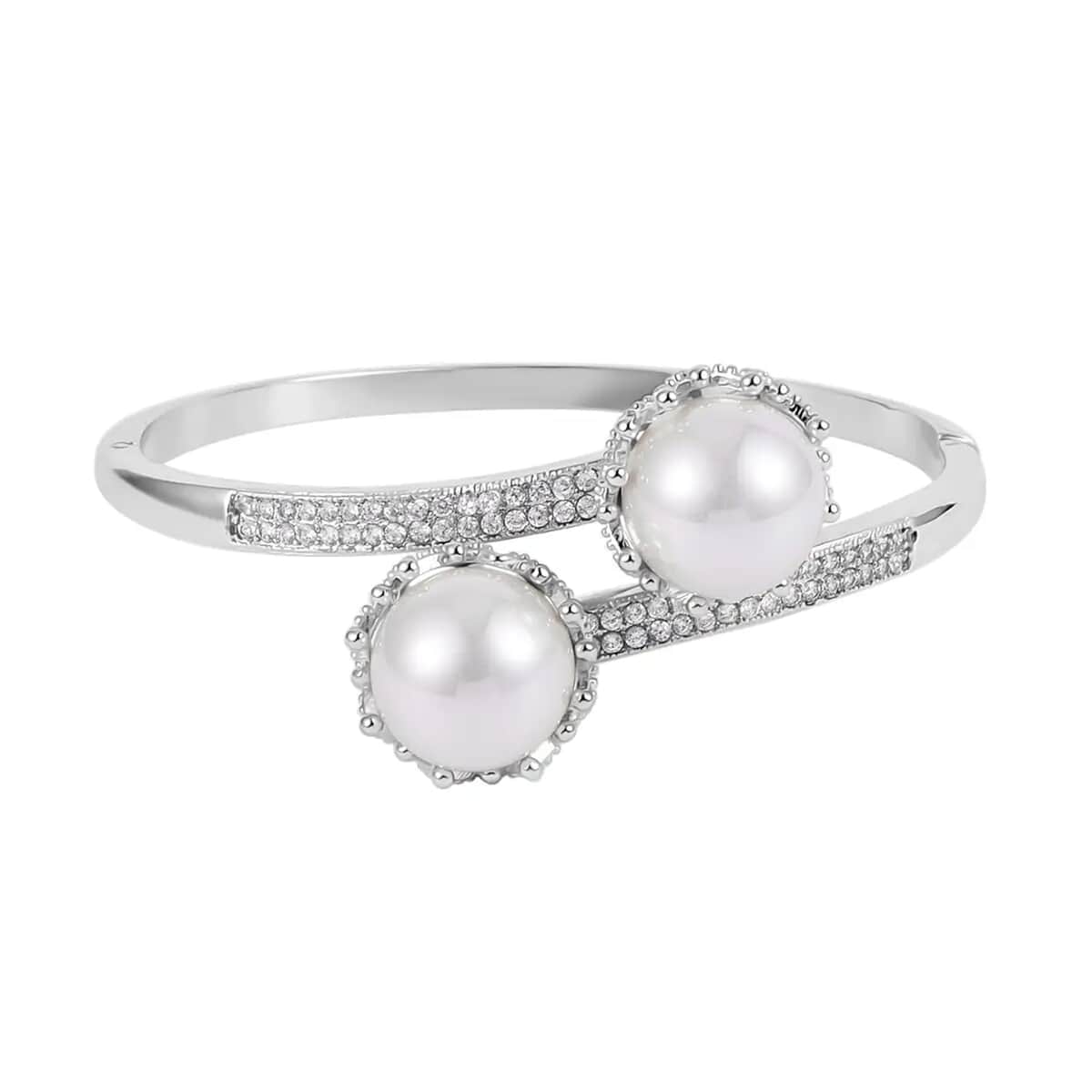 Simulated Pearl and Simulated Diamond Bypass Bangle Bracelet in Silvertone (7.0 In) 0.70 ctw image number 0