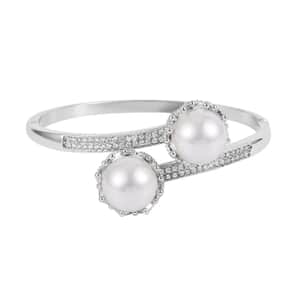 Simulated Pearl and Simulated Diamond Bypass Bangle Bracelet in Silvertone (7.0 In) 0.70 ctw
