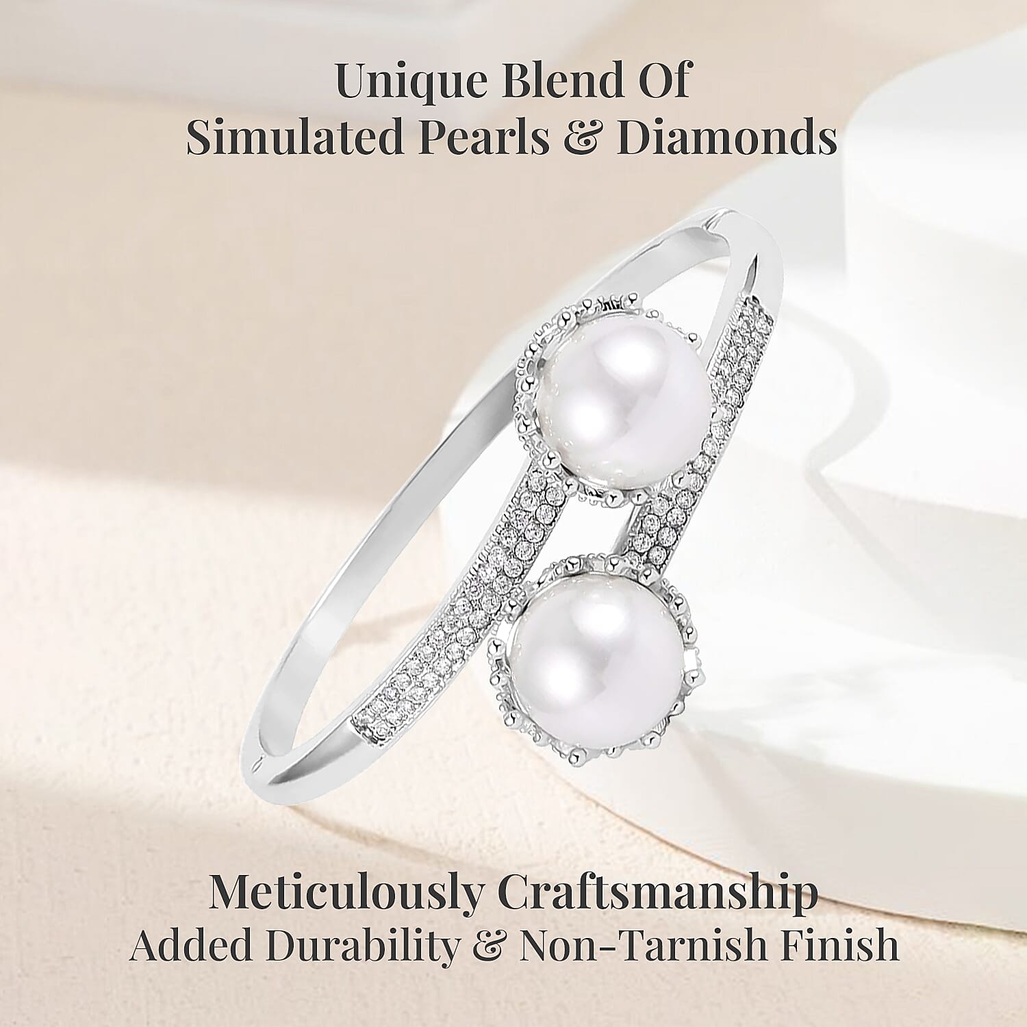 Simulated Pearl and Simulated Diamond 0.70 ctw Bypass Bangle Bracelet in Silvertone (7.0 In)