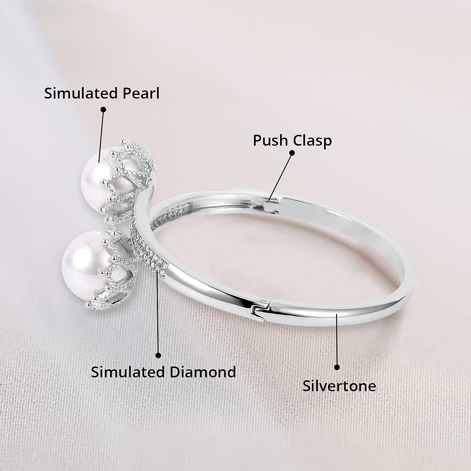 Simulated Pearl and Simulated Diamond 0.70 ctw Bypass Bangle Bracelet in Silvertone (7.0 In)