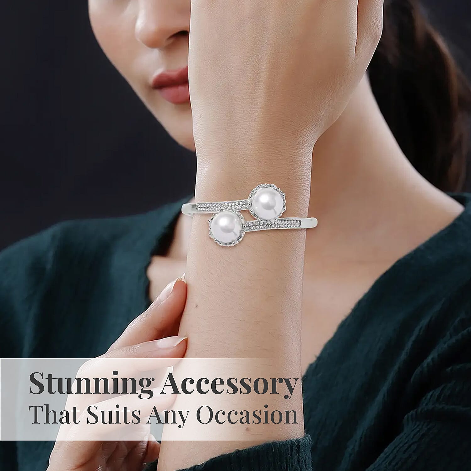 Simulated Pearl and Simulated Diamond 0.70 ctw Bypass Bangle Bracelet in Silvertone (7.0 In)