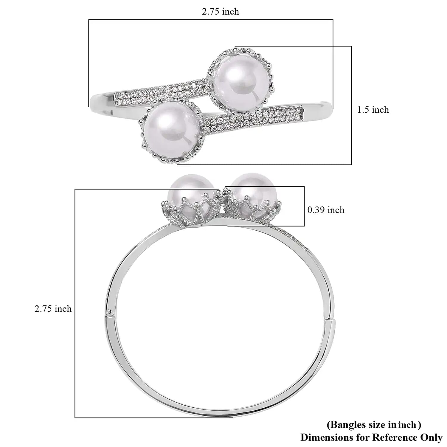 Simulated Pearl and Simulated Diamond 0.70 ctw Bypass Bangle Bracelet in Silvertone (7.0 In)