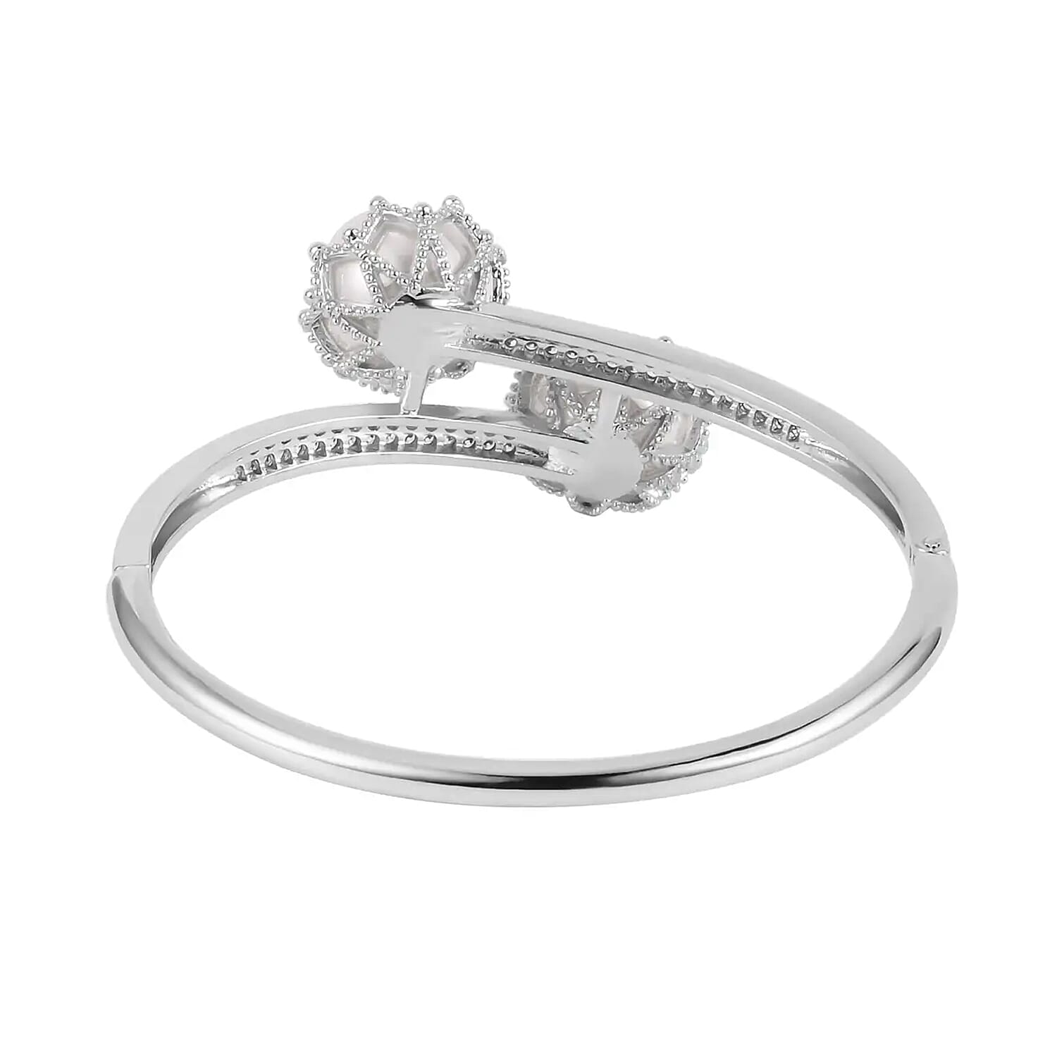 Simulated Pearl and Simulated Diamond 0.70 ctw Bypass Bangle Bracelet in Silvertone (7.0 In)