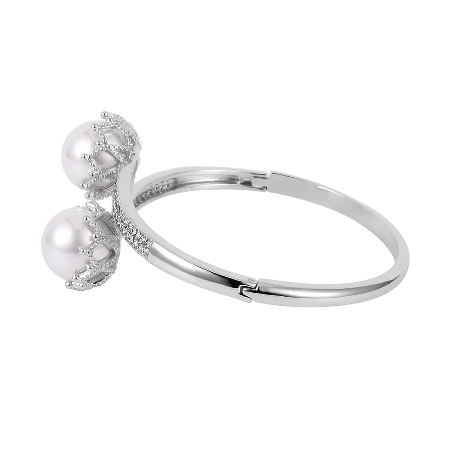 Simulated Pearl and Simulated Diamond 0.70 ctw Bypass Bangle Bracelet in Silvertone (7.0 In)