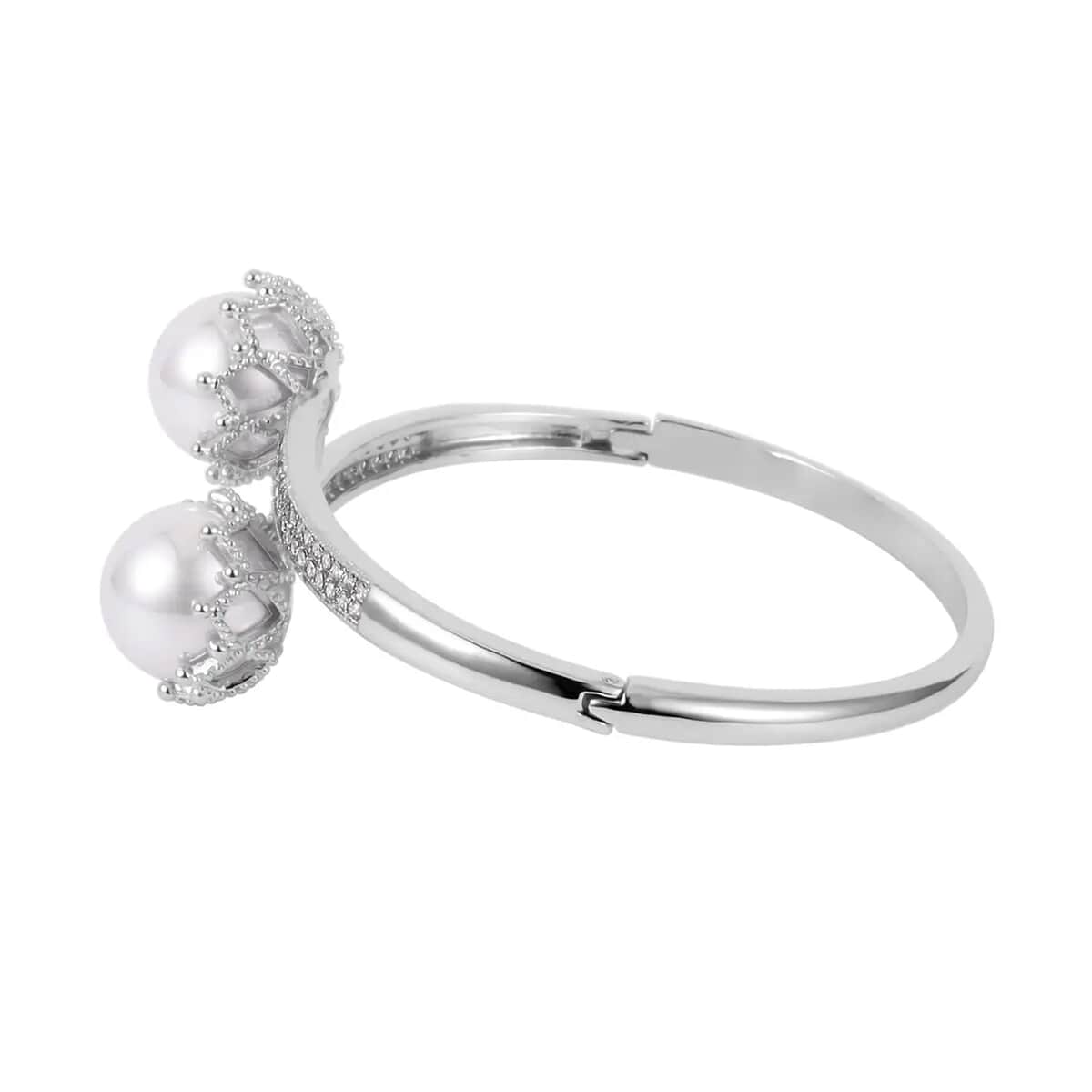 Simulated Pearl and Simulated Diamond Bypass Bangle Bracelet in Silvertone (7.0 In) 0.70 ctw image number 8