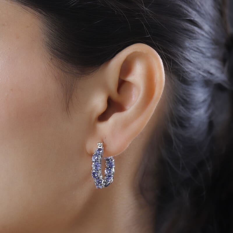 Tanzanite and White Zircon Inside Out Hoop Earrings in Platinum Over Sterling Silver 3.75 ctw