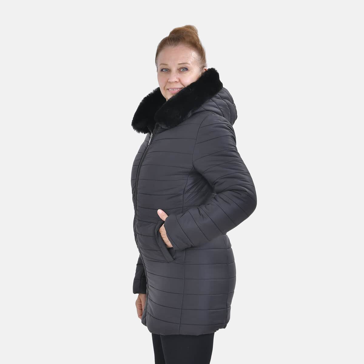 Tamsy Black Reversible Faux Fur and Puffer Jacket with Hood - M image number 2