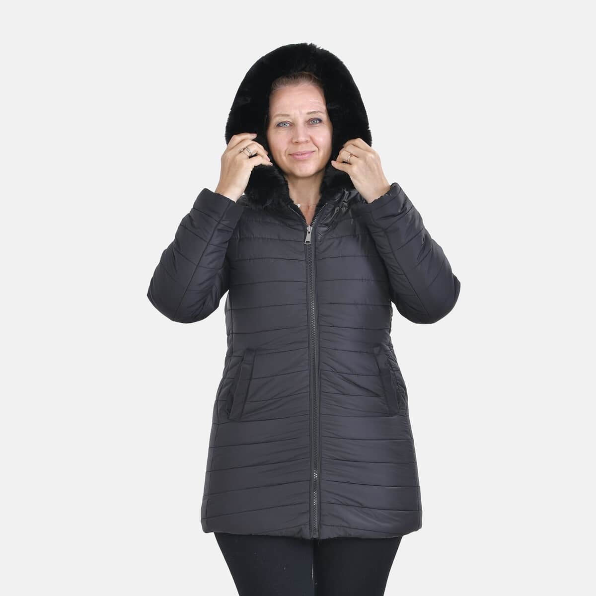 Tamsy Black Reversible Faux Fur and Puffer Jacket with Hood - M image number 4