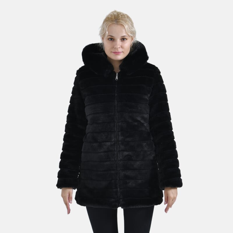 Tamsy Black Reversible Faux Fur and Puffer Jacket with Hood - M