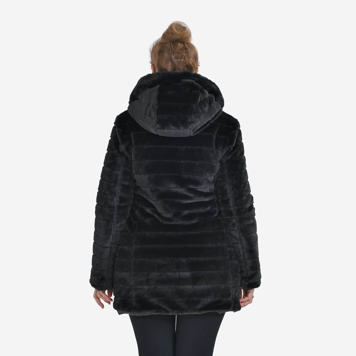 Tamsy Black Reversible Faux Fur and Puffer Jacket with Hood - M image number 6