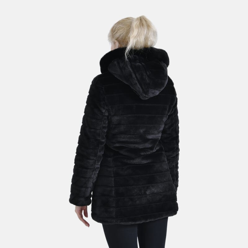 Tamsy Black Reversible Faux Fur and Puffer Jacket with Hood - M