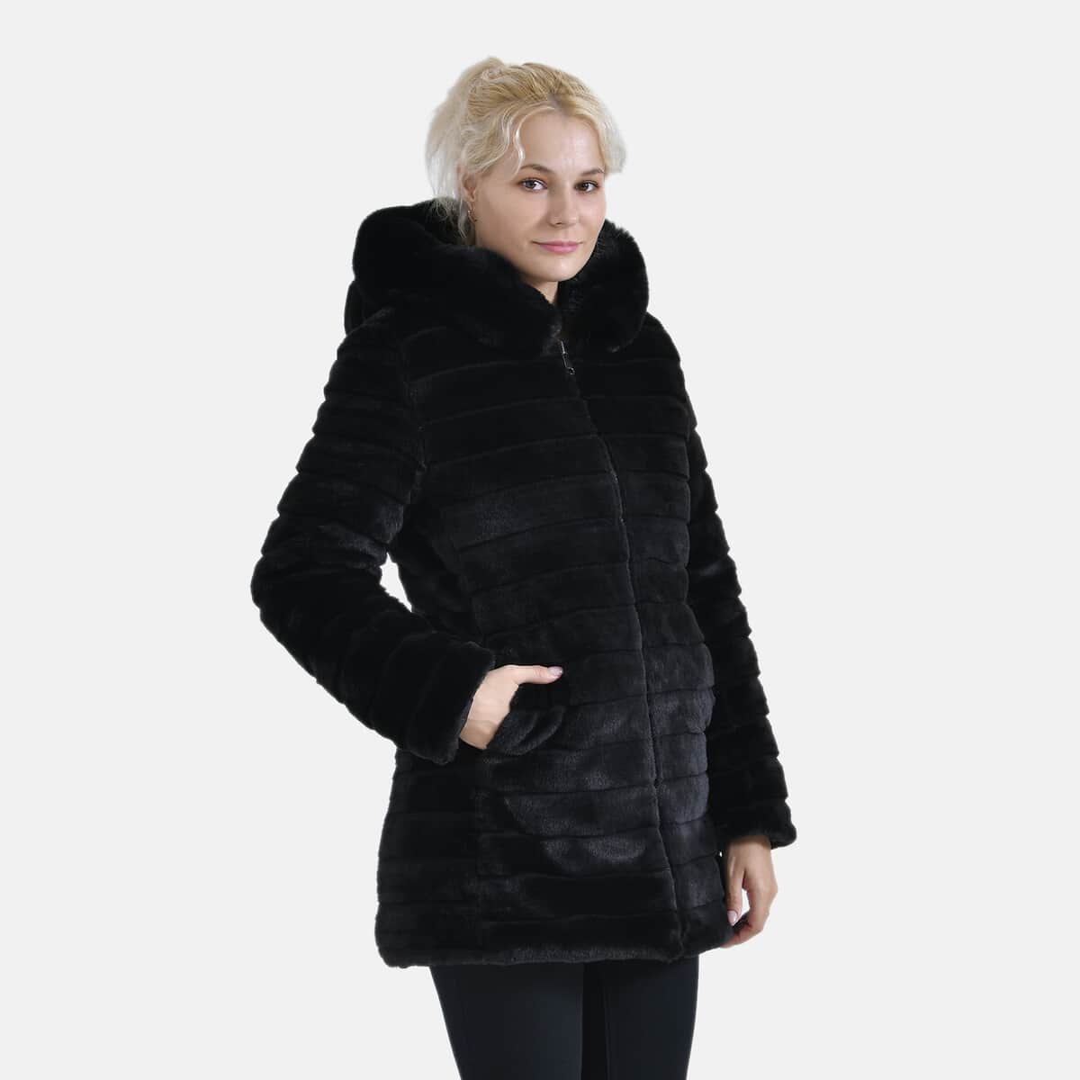 Tamsy Black Reversible Faux Fur and Puffer Jacket with Hood - M image number 8