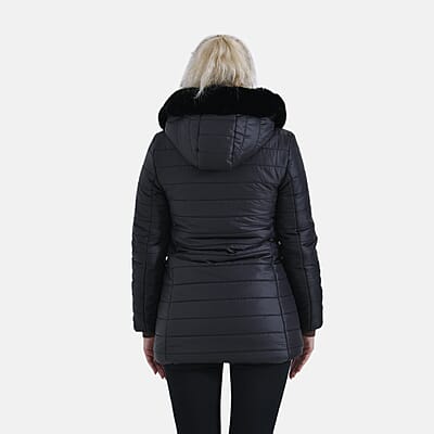 Tamsy Black Reversible Faux Fur and Puffer Jacket with Hood - L