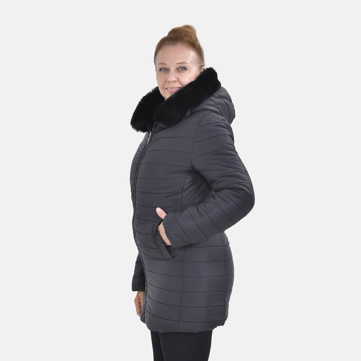 Tamsy Black Reversible Faux Fur and Puffer Jacket with Hood - L image number 2