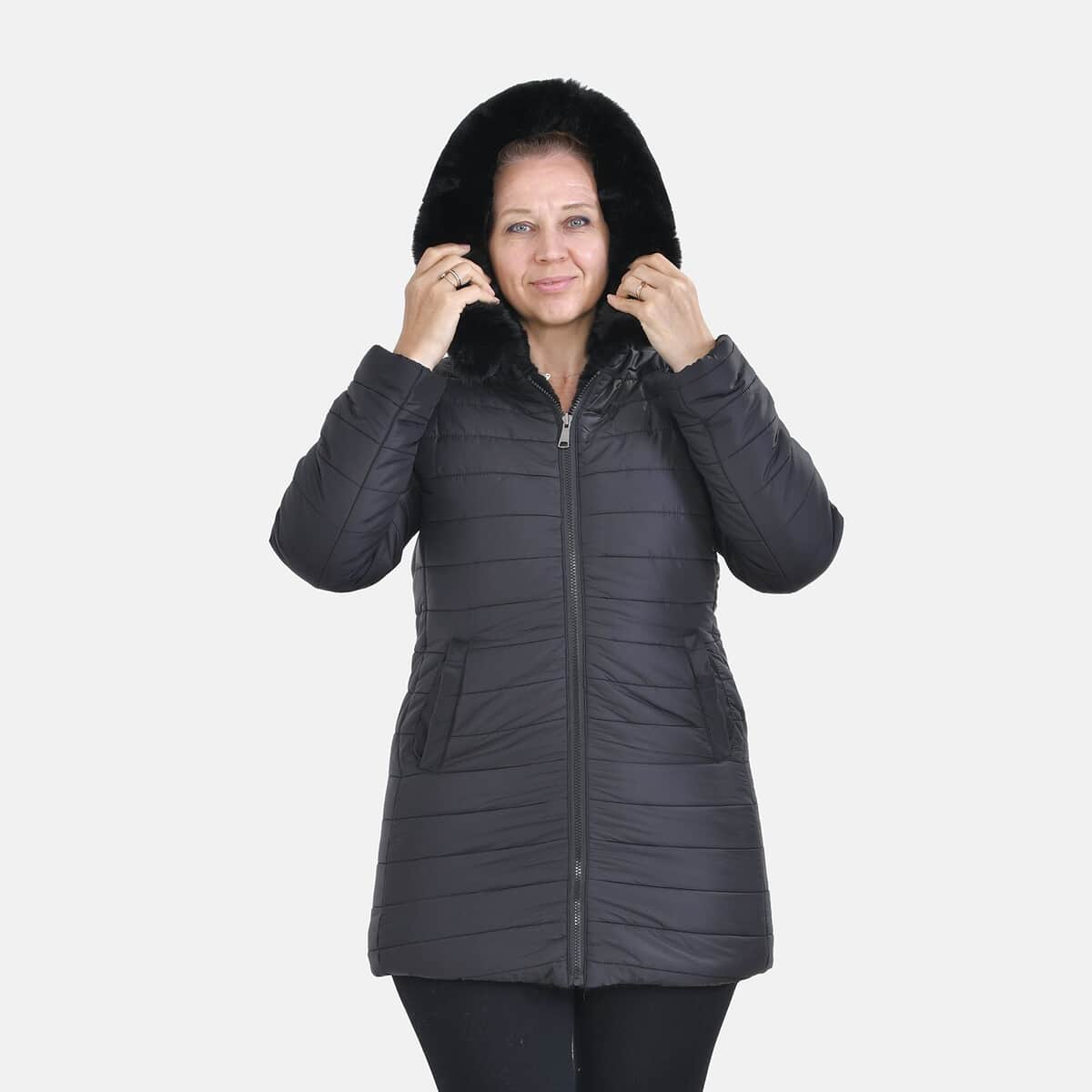Tamsy Black Reversible Faux Fur and Puffer Jacket with Hood - L image number 4