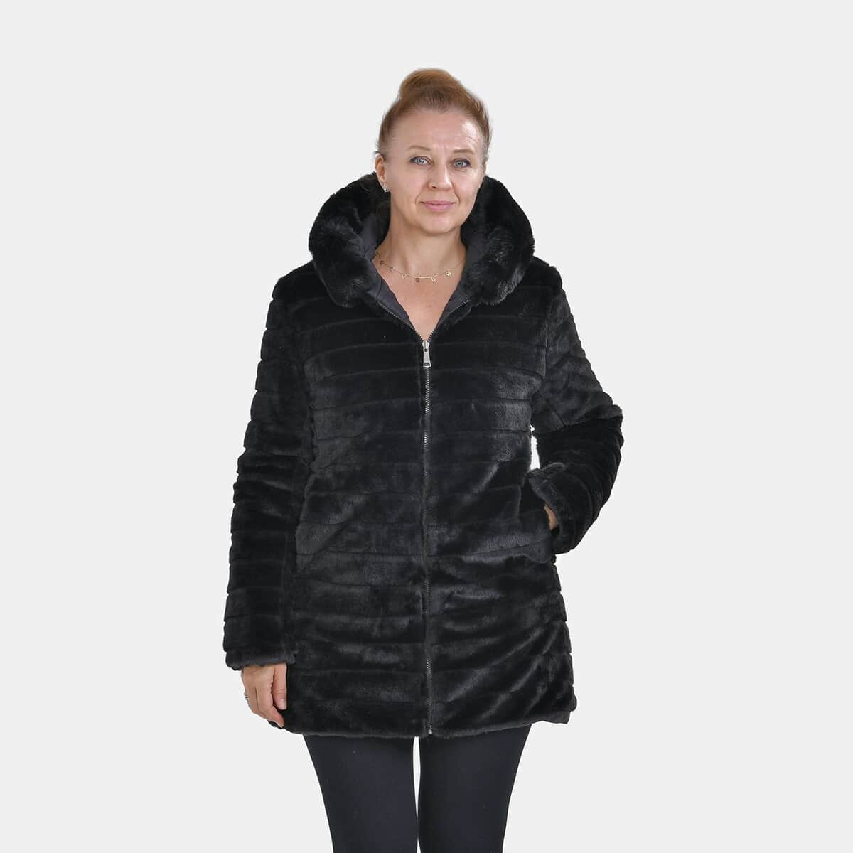 Tamsy Black Reversible Faux Fur and Puffer Jacket with Hood - L image number 5
