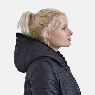 Tamsy Black Reversible Faux Fur and Puffer Jacket with Hood - L
