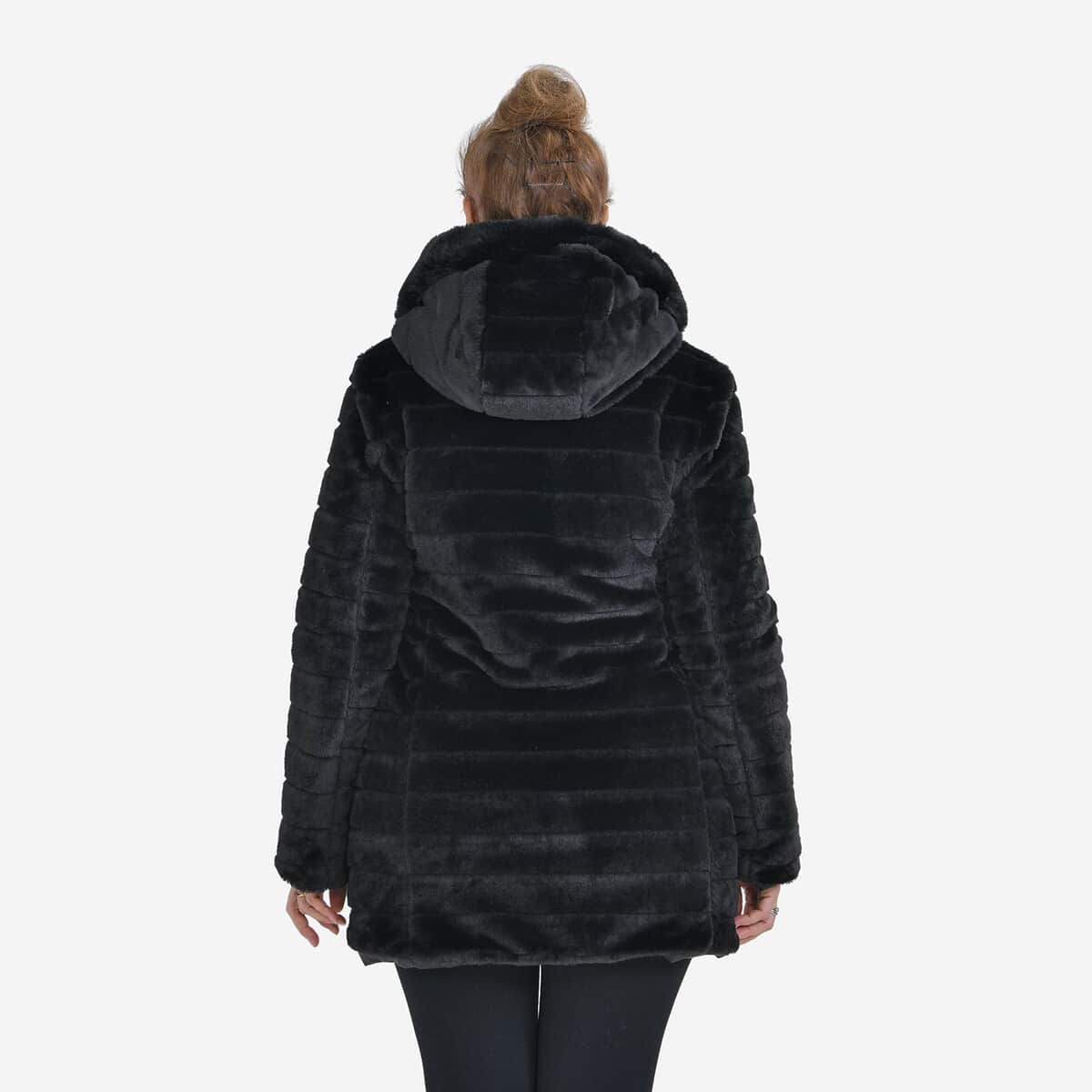 Tamsy Black Reversible Faux Fur and Puffer Jacket with Hood - L image number 6