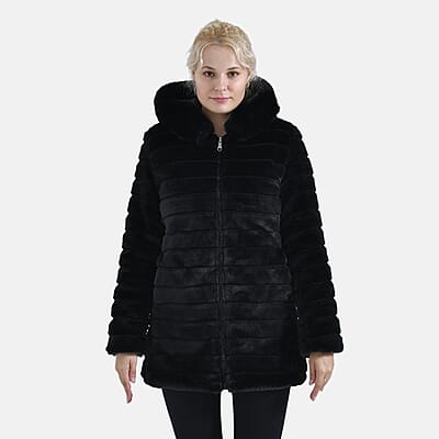 Tamsy Black Reversible Faux Fur and Puffer Jacket with Hood - L
