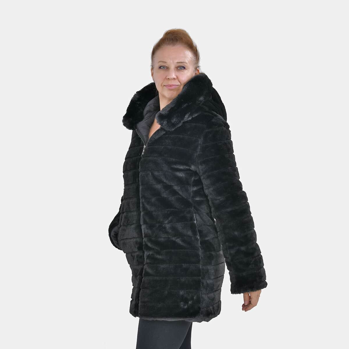 Tamsy Black Reversible Faux Fur and Puffer Jacket with Hood - L image number 7
