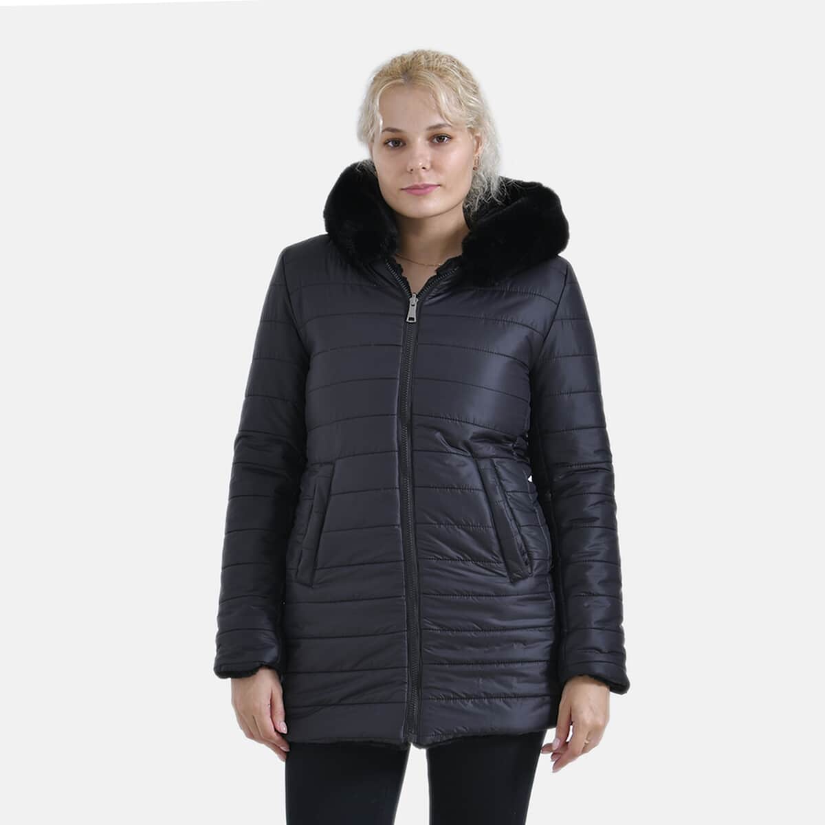 Tamsy Black Reversible Faux Fur and Puffer Jacket with Hood - XL image number 0