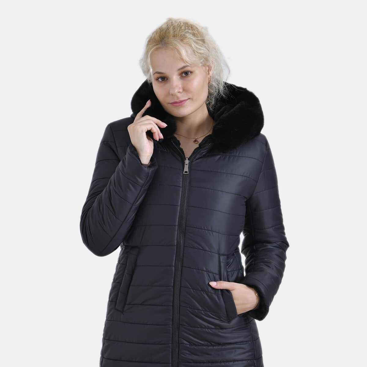 Tamsy Black Reversible Faux Fur and Puffer Jacket with Hood - XL image number 4