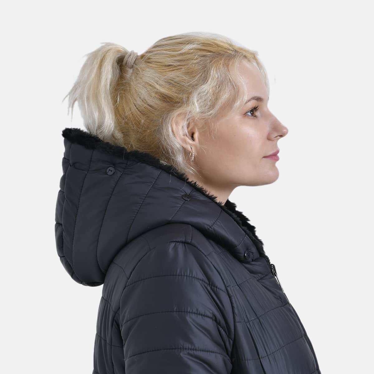 Tamsy Black Reversible Faux Fur and Puffer Jacket with Hood - XL image number 5