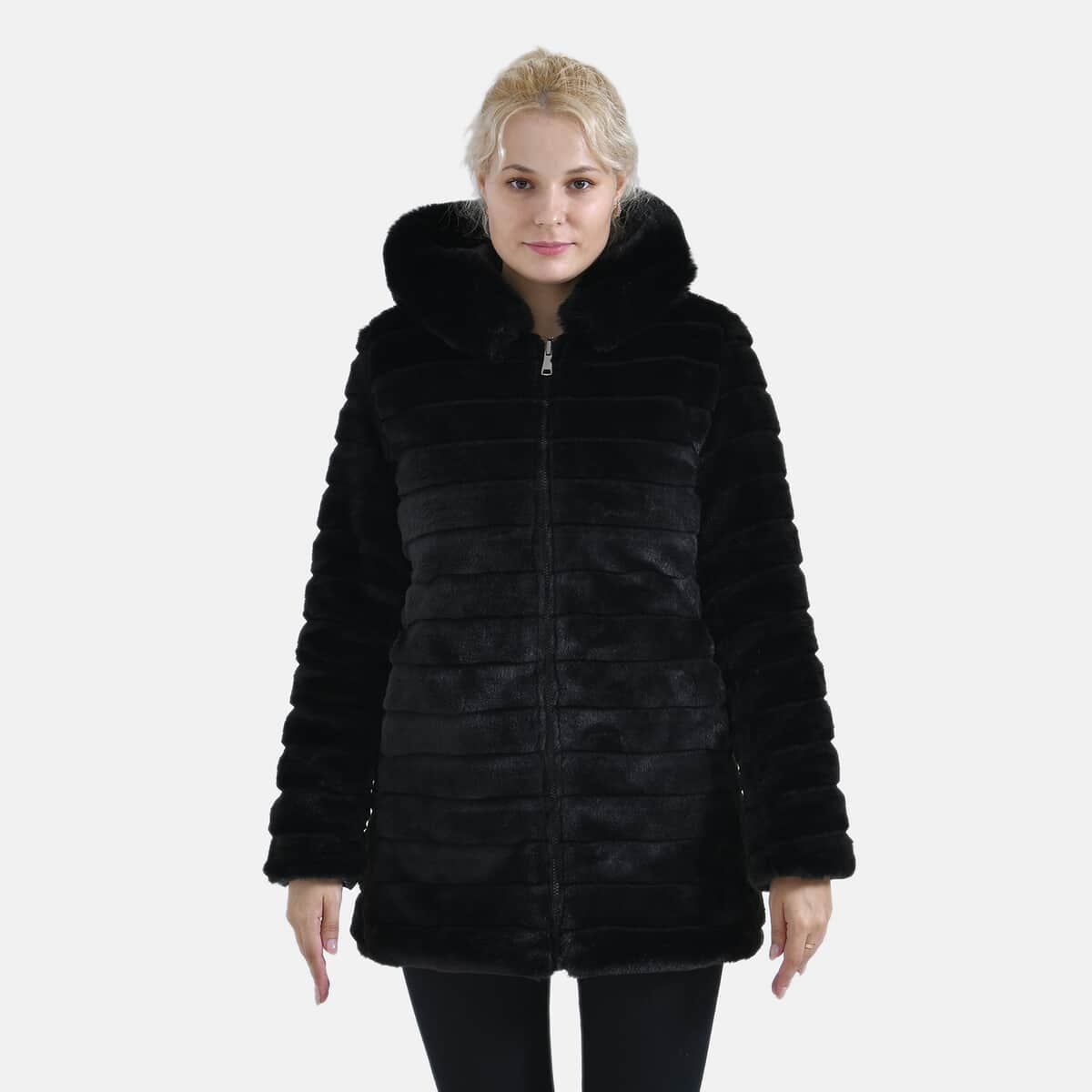 Tamsy Black Reversible Faux Fur and Puffer Jacket with Hood - XL image number 6