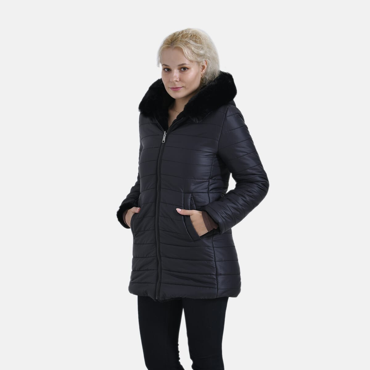 Tamsy Black Reversible Faux Fur and Puffer Jacket with Hood - XXL image number 2