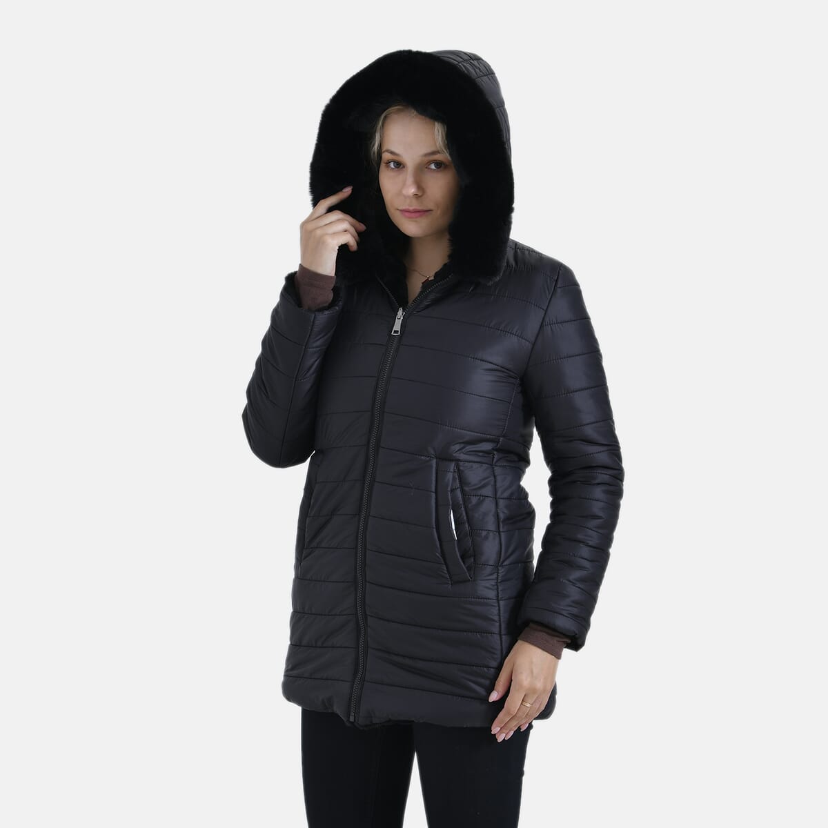 Tamsy Black Reversible Faux Fur and Puffer Jacket with Hood - XXL image number 3